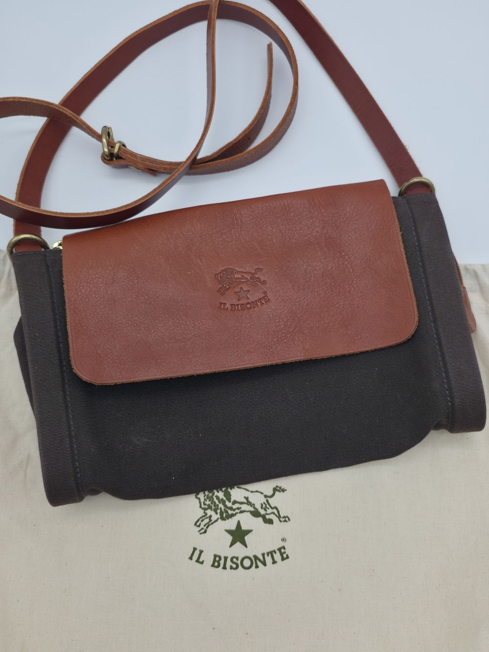 IL BISONTE Leather Canvas Zip Shoulder Bag Brown Gray + Dust Bag